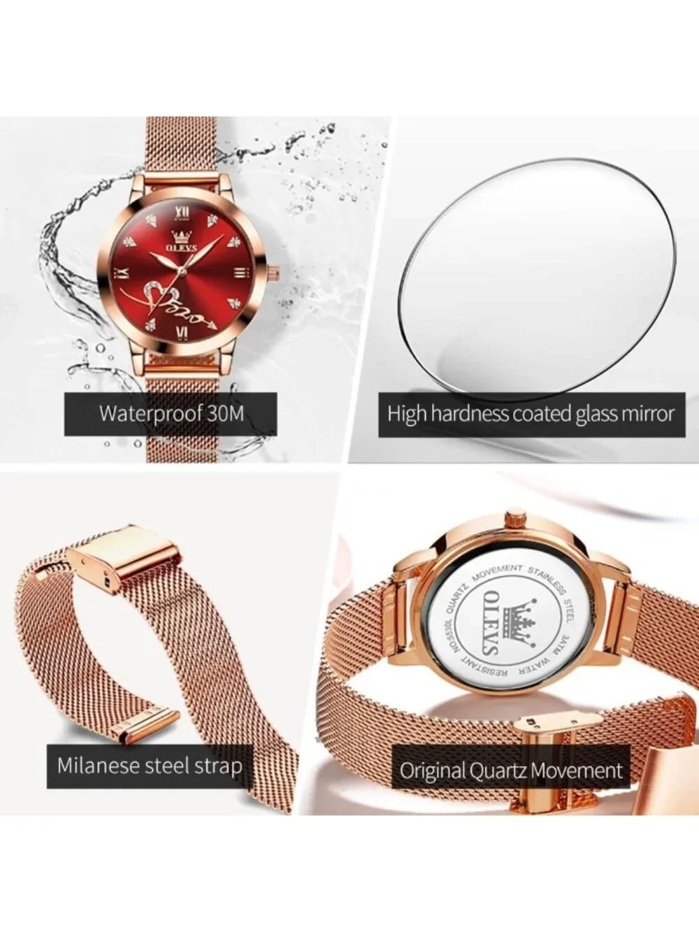 Chic Rose Gold Women's Watch - Mesh Strap, Luminous, Waterproof, Heart Design